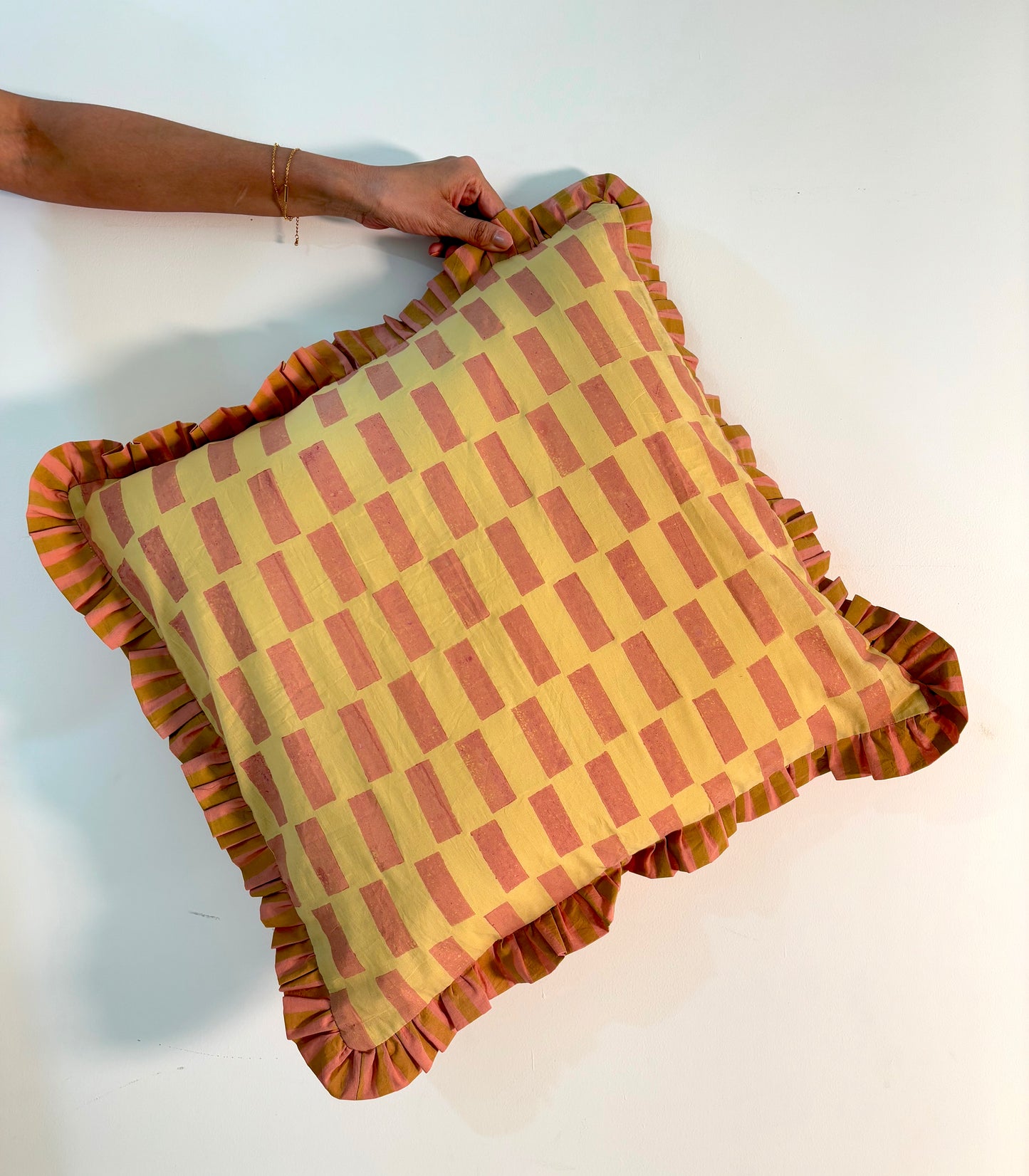 Stripe Break Cotton Ruffle Cushion Cover l Mustard & Peach