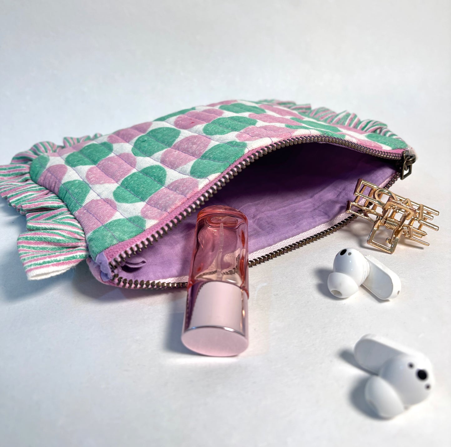 Sustainable Quilted Cotton Travel Organizer l Pebbles Purple & Green Pouch