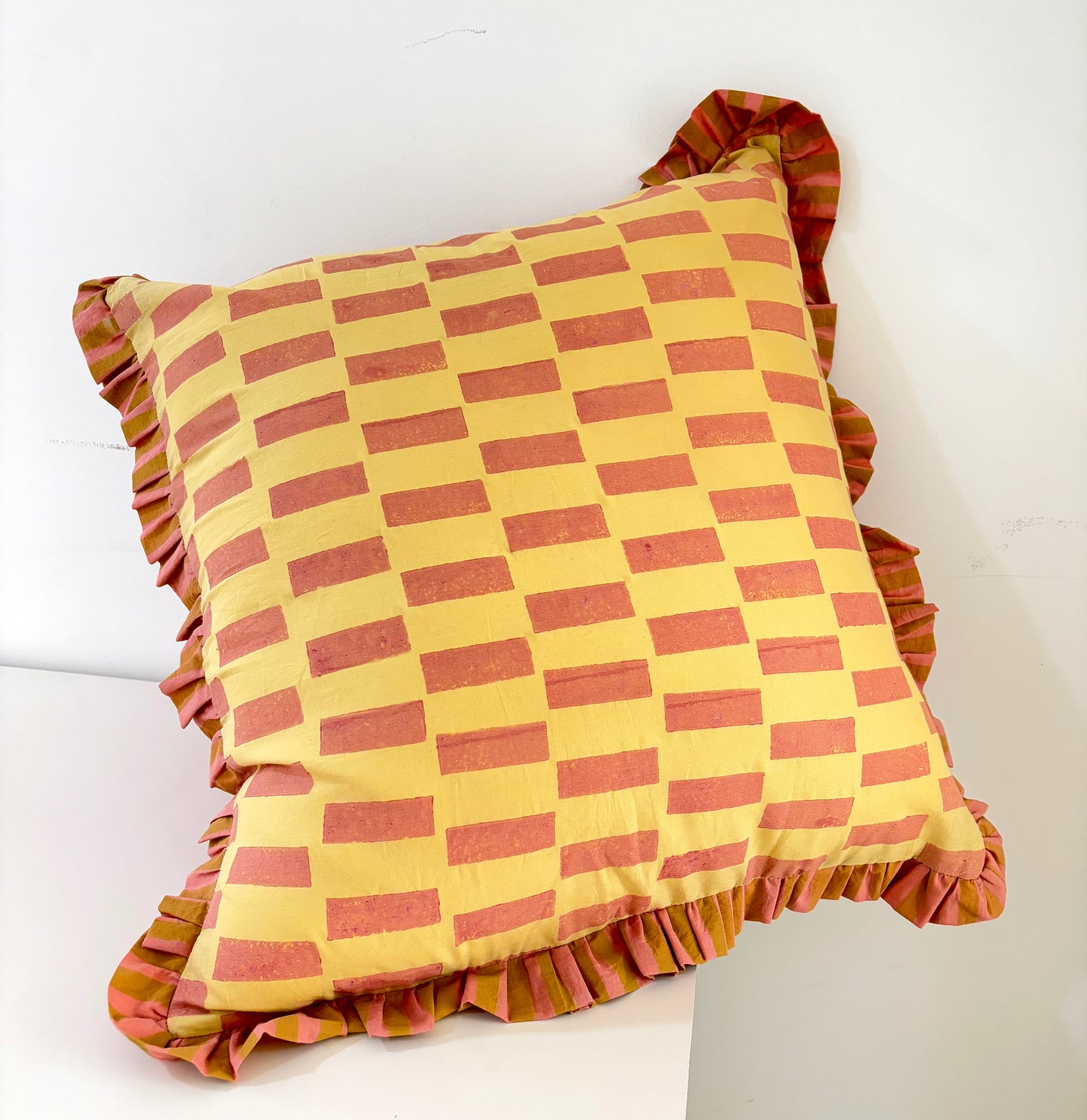 Stripe Break Cotton Ruffle Cushion Cover l Mustard & Peach