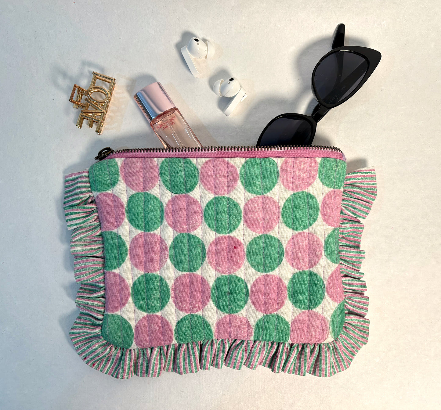 Sustainable Quilted Cotton Travel Organizer l Pebbles Purple & Green Pouch