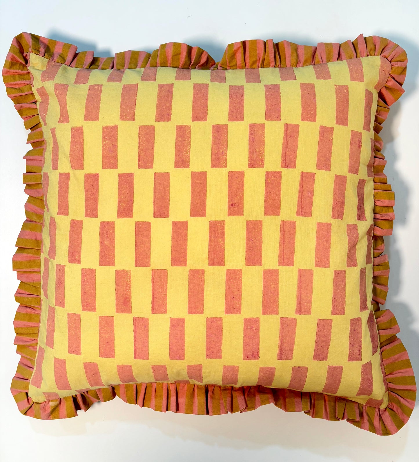Stripe Break Cotton Ruffle Cushion Cover l Mustard & Peach