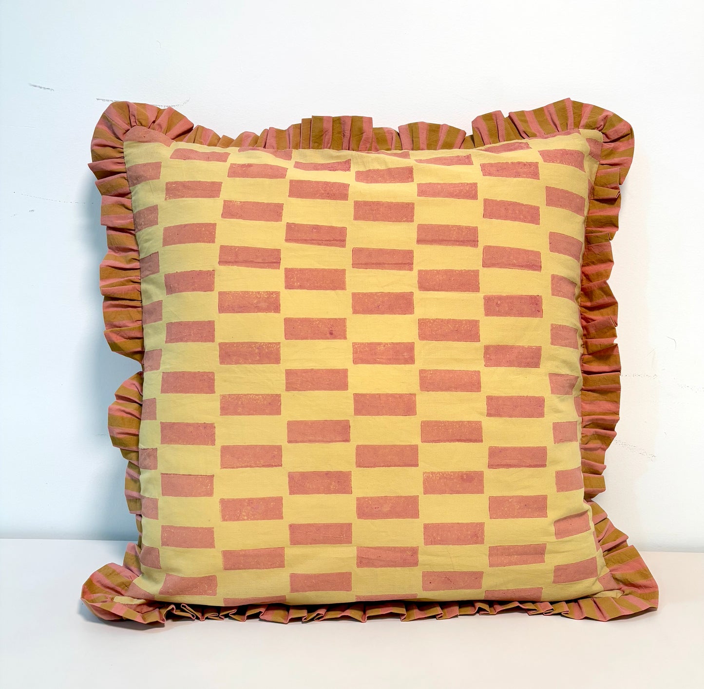 Stripe Break Cotton Ruffle Cushion Cover l Mustard & Peach
