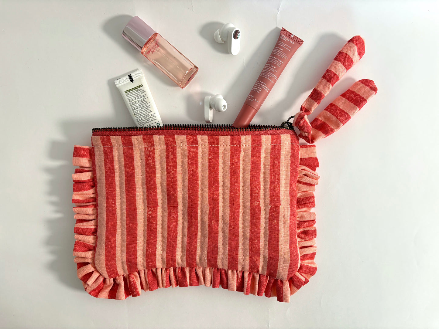 Sustainable Quilted Cotton Travel Organiser l Flat Frill Pouch l Pink & Red Stripes