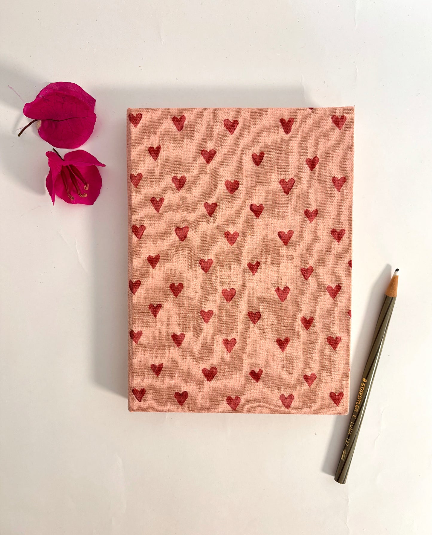 Handcrafted Sustainable A5 Diary Journal Notebook l Handmade Paper l Red Hearts on Pink