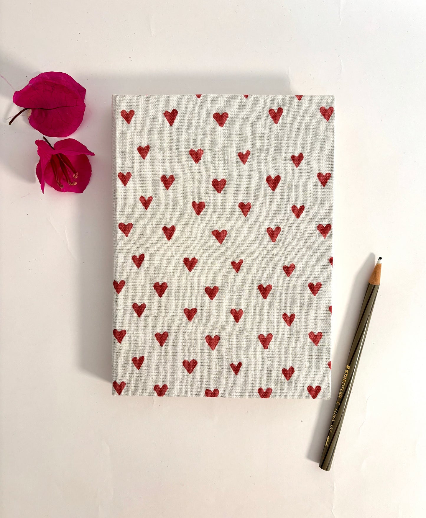 Handcrafted Sustainable A5 Diary Journal Notebook l Handmade Paper l Red Hearts on White