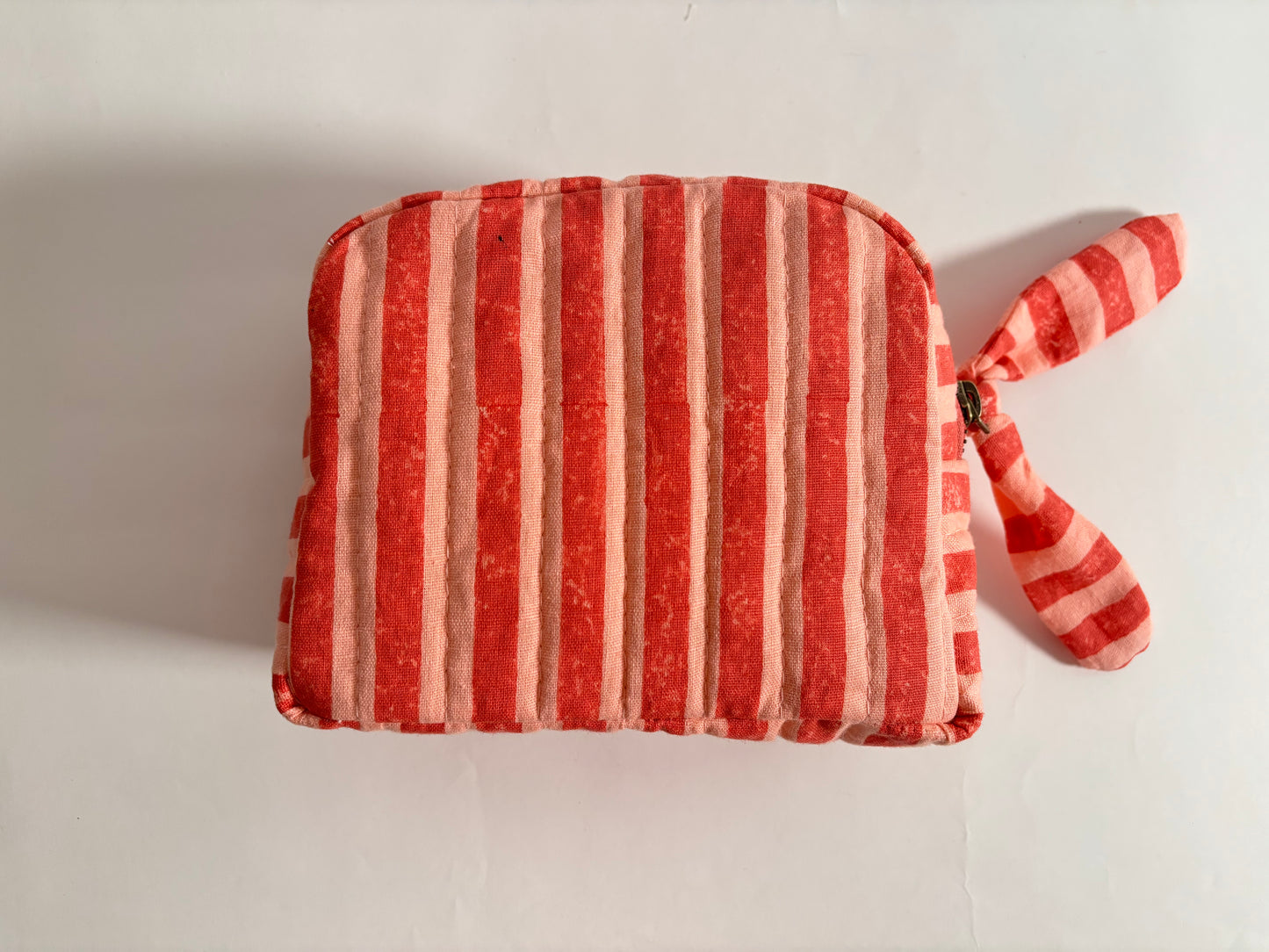 Sustainable Quilted Cotton Travel Organiser l Classic Pouch l Pink & Red Stripes