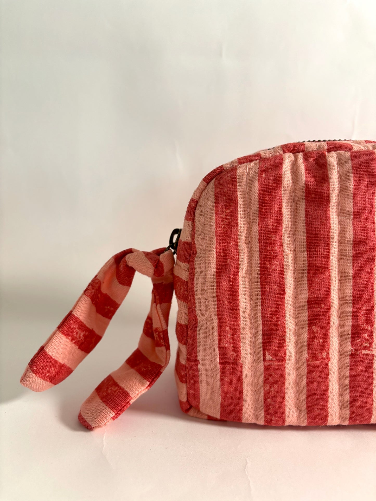 Sustainable Quilted Cotton Travel Organiser l Classic Pouch l Pink & Red Stripes