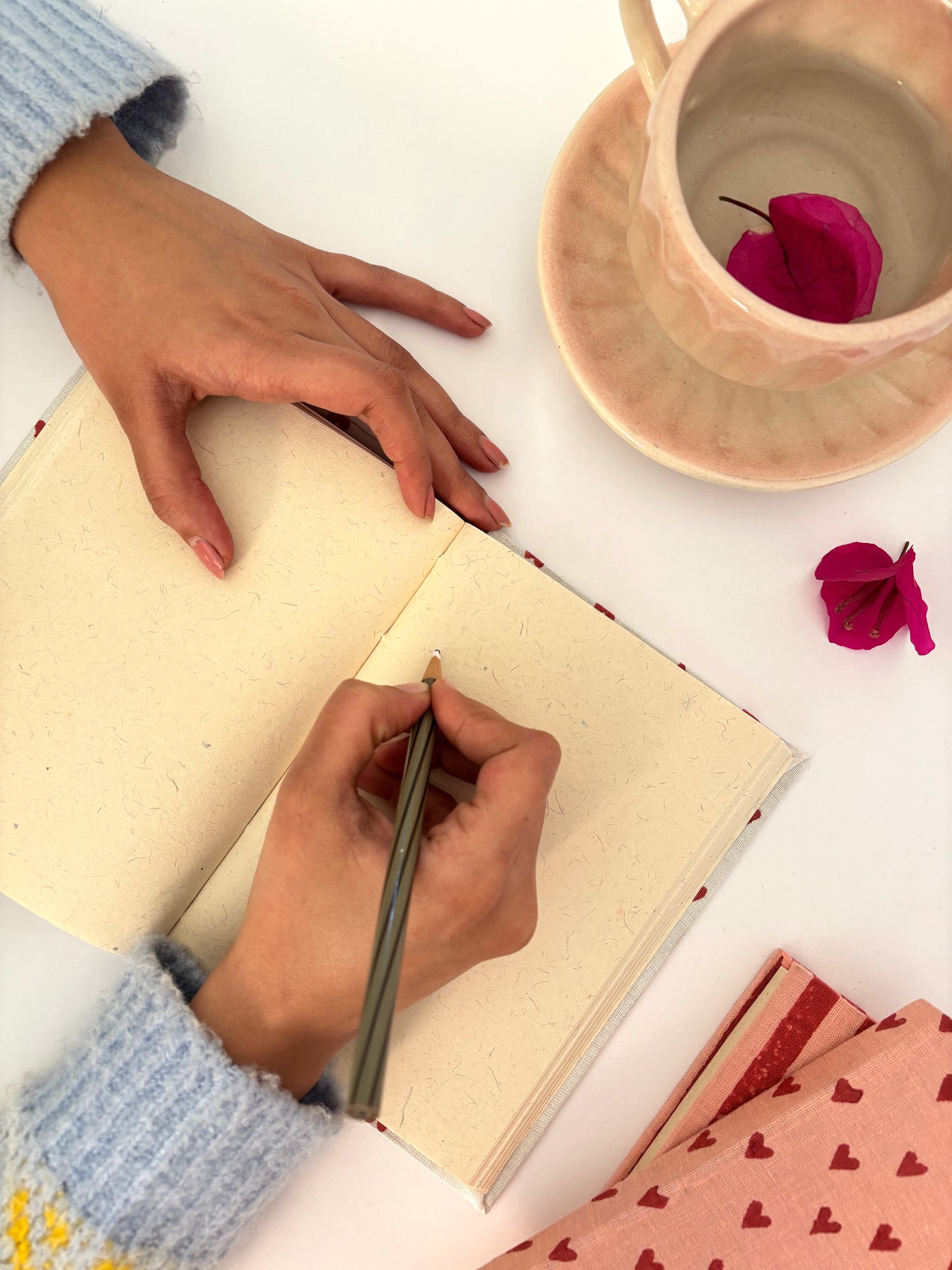 Handcrafted Sustainable A5 Diary Journal Notebook l Handmade Paper l Red Hearts on White
