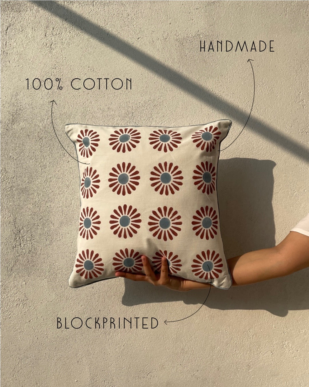 Daisy Cotton Cushion Cover, Blue and Deep Red
