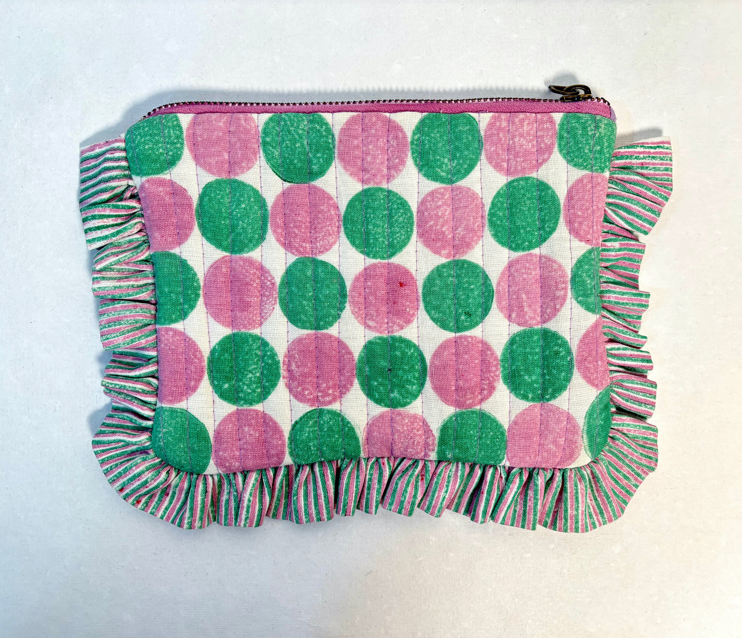 Sustainable Quilted Cotton Travel Organizer l Pebbles Purple & Green Pouch