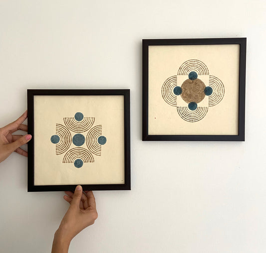 Wall Frame l Handblock printed artwork on handmade paper l 10" x 10" l set of two