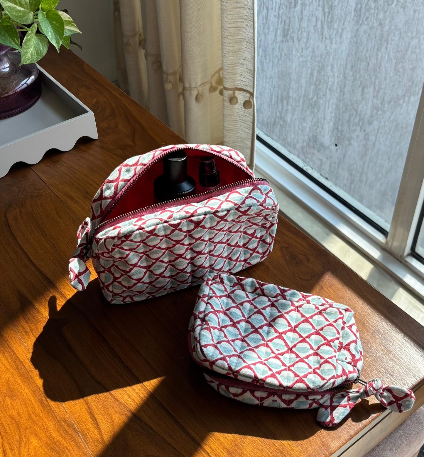 Quilted Cotton Travel Pouch Set l Red Mosiac Classic Organiser Set