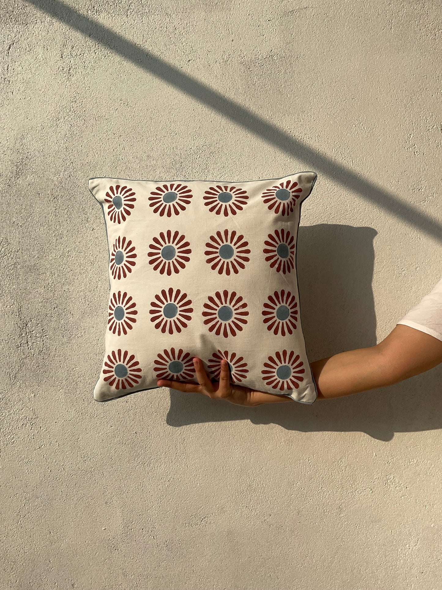 Daisy Cotton Cushion Cover, Blue and Deep Red