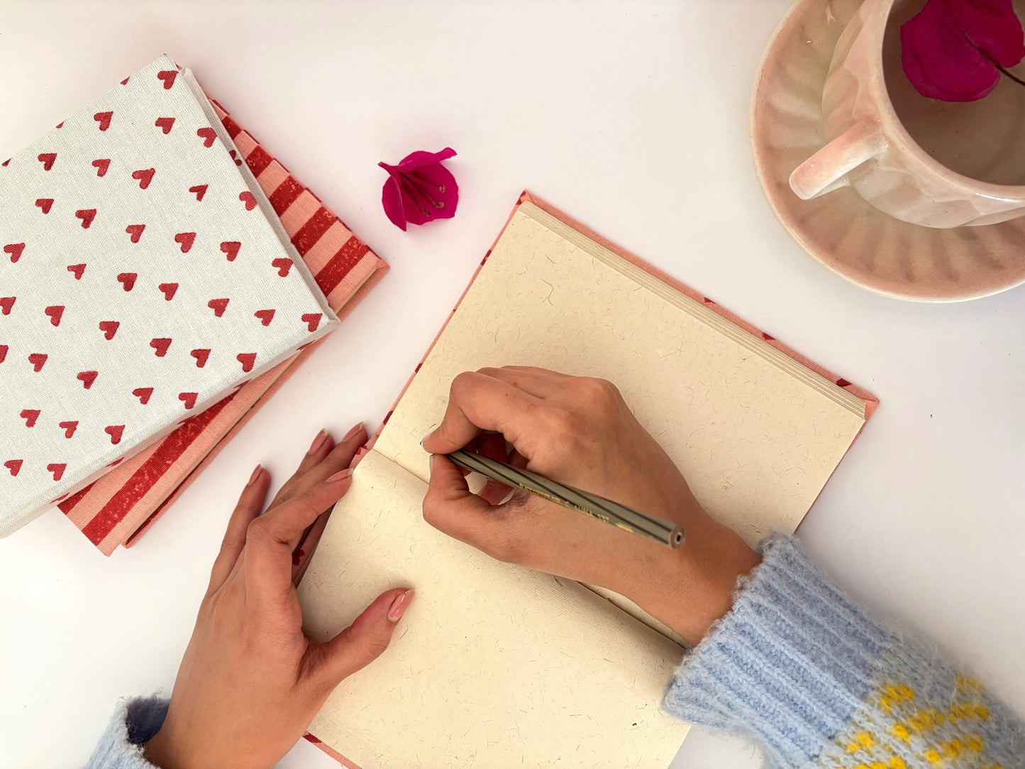 Handcrafted Sustainable A5 Diary Journal Notebook l Handmade Paper l Red Hearts on Pink