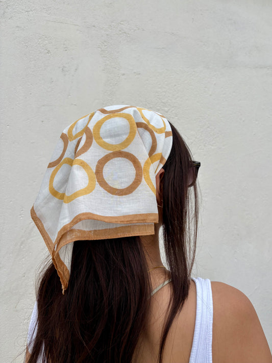 Yellow & Brown Geometric Circles l Cotton Square Scarf l Bandana