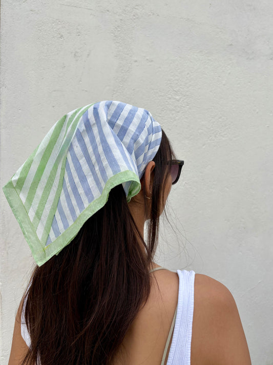 Blue & Green Stripes l Cotton Square Scarf l Bandana