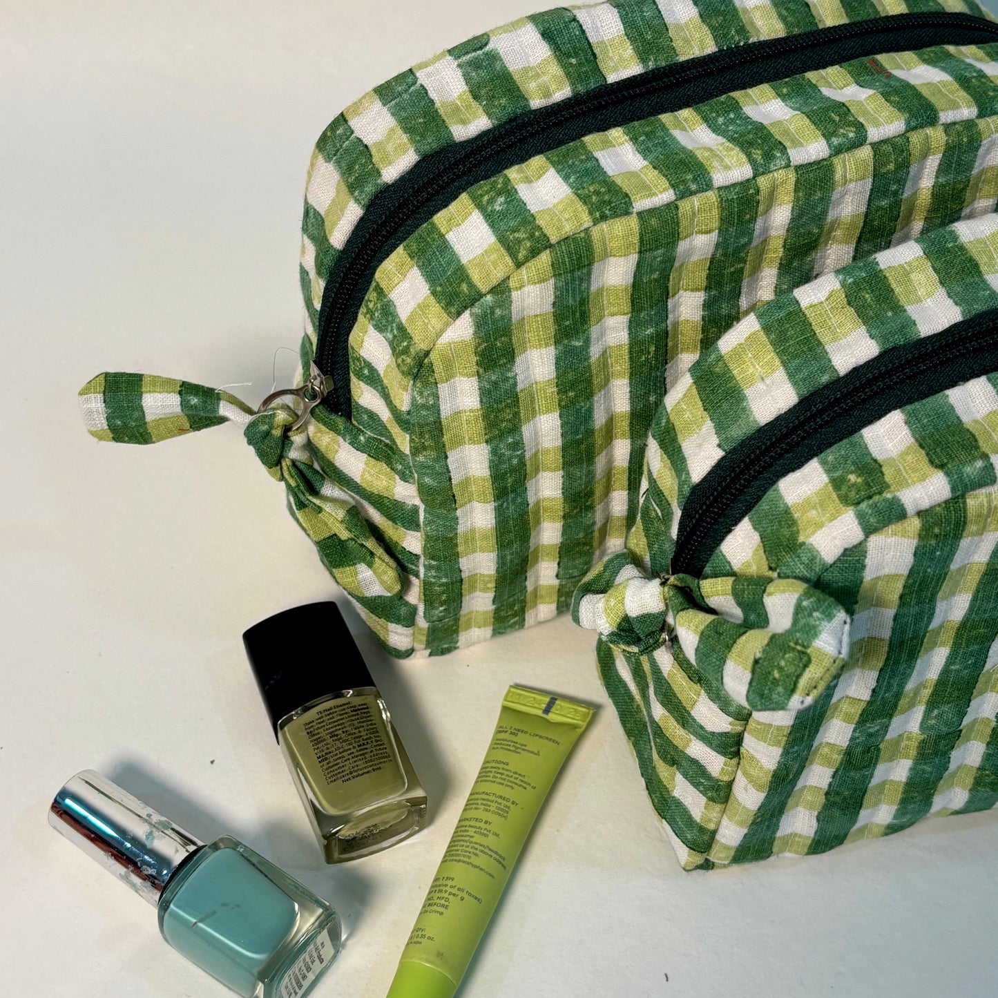 Sustainable Quilted Cotton Travel Pouch Set l Green Checks Classic Organiser Set