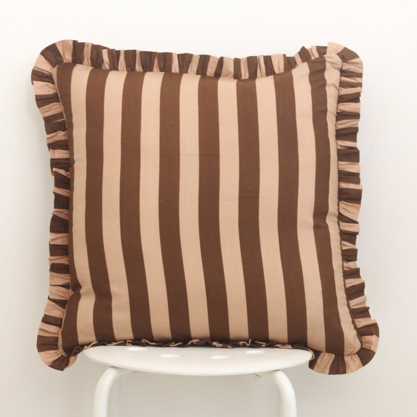 Brown Striped Frill Cushion Cover