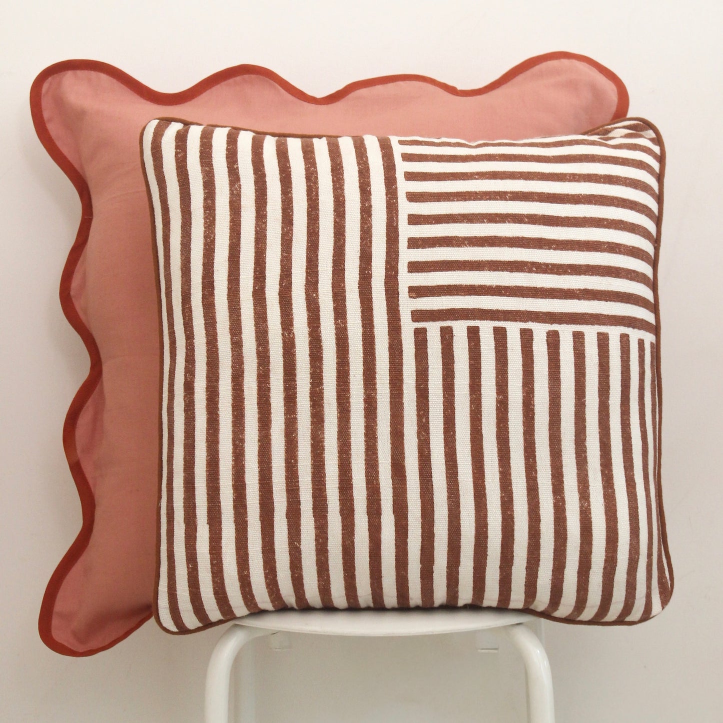 Directional Stripe Cushion Cover | Rust Brown & White Cotton Cushion Cover
