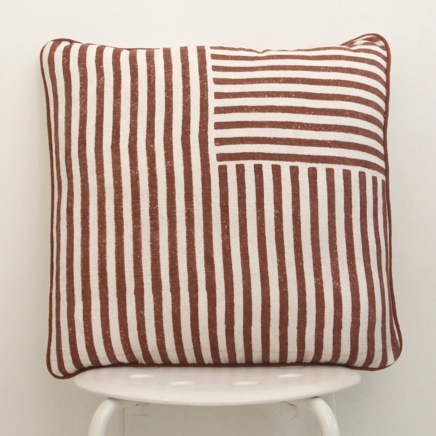 Directional Stripe Cushion Cover | Rust Brown & White Cotton Cushion Cover
