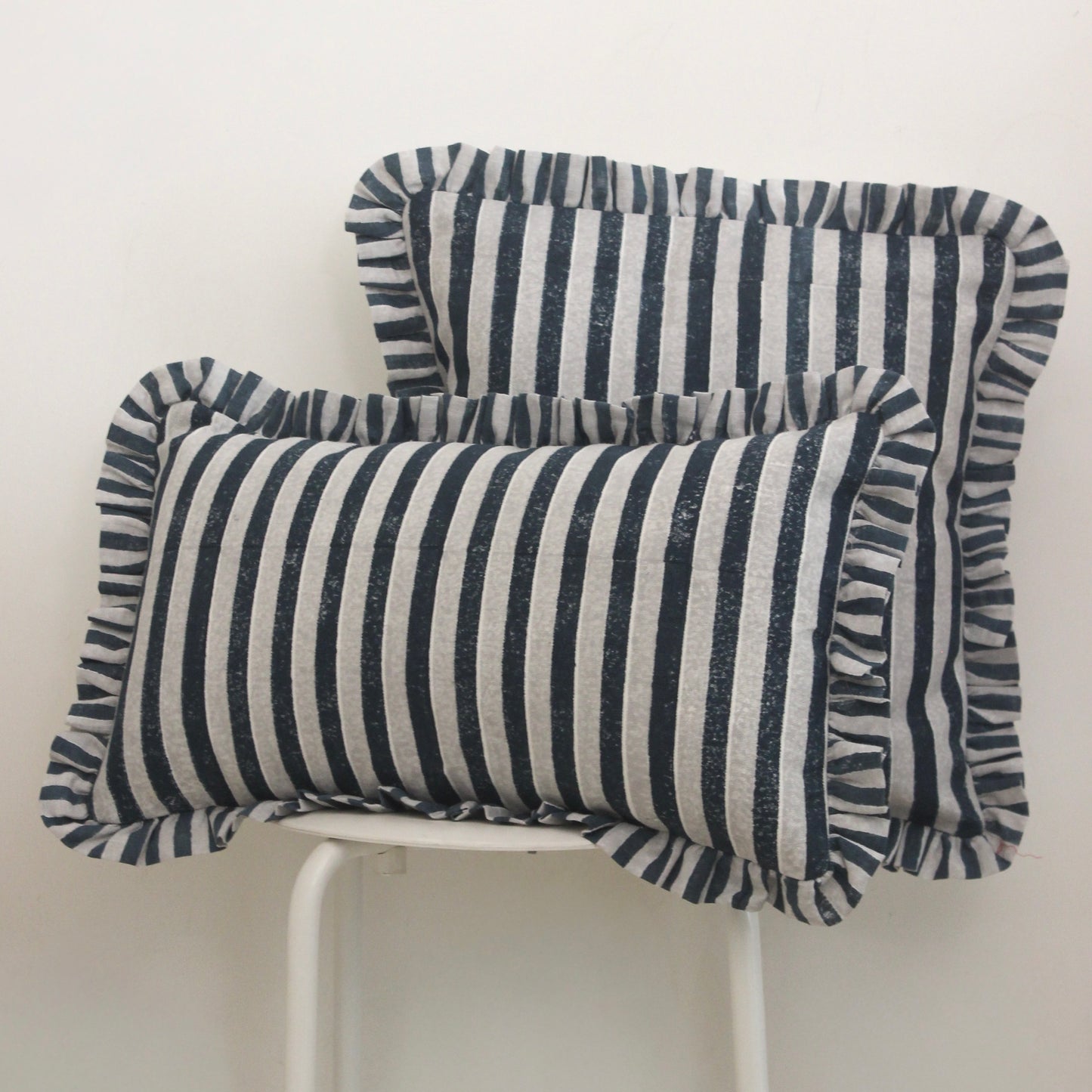 Blue & Grey Striped Frill Lumbar Cushion Cover | Handcrafted Cotton Lumbar Cover