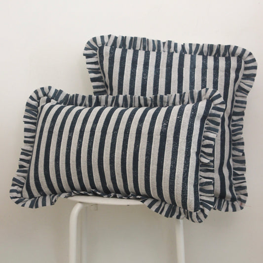 Blue & Grey Striped Frill Cushion Cover | Handcrafted Cotton Cushion Cover