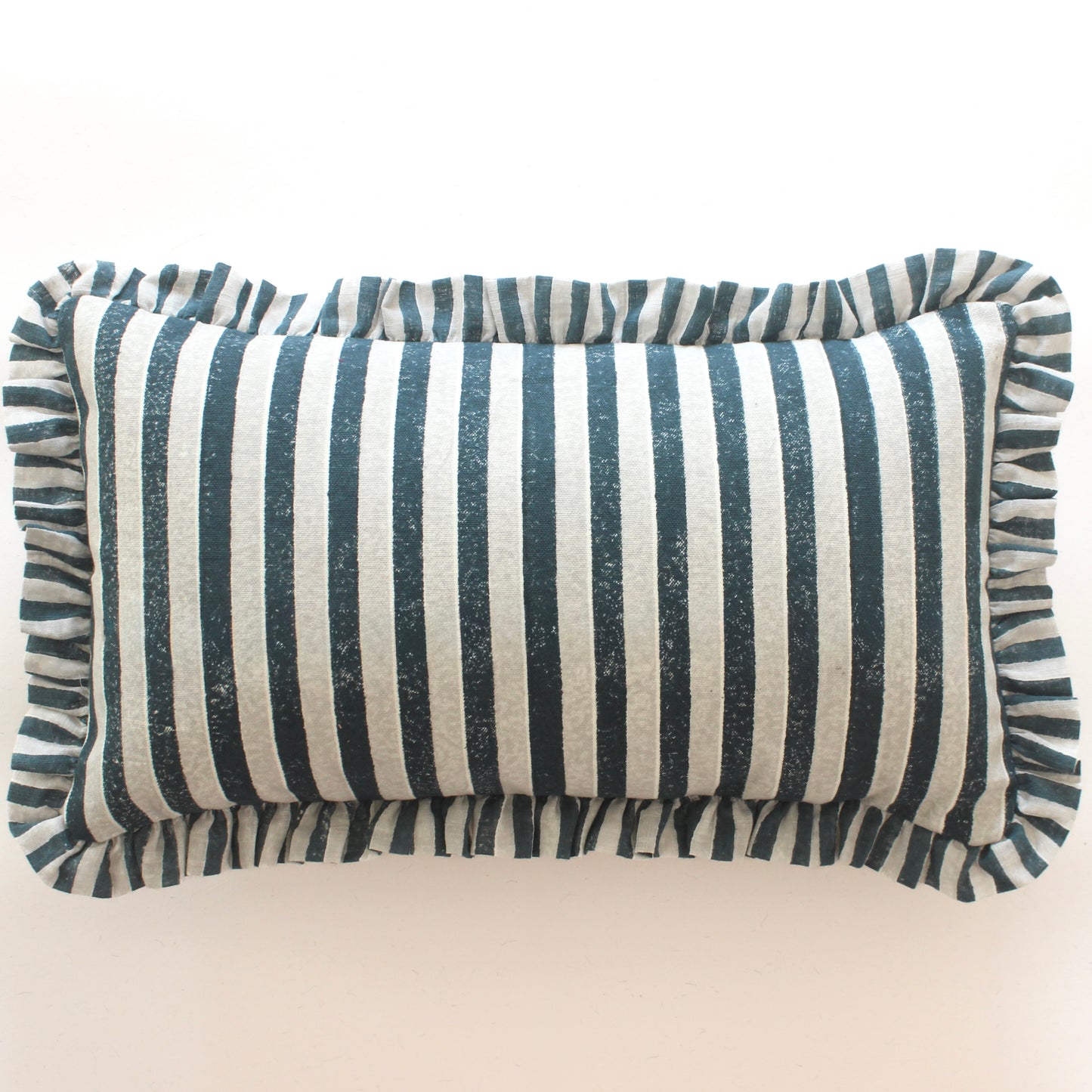 Blue & Grey Striped Frill Lumbar Cushion Cover | Handcrafted Cotton Lumbar Cover