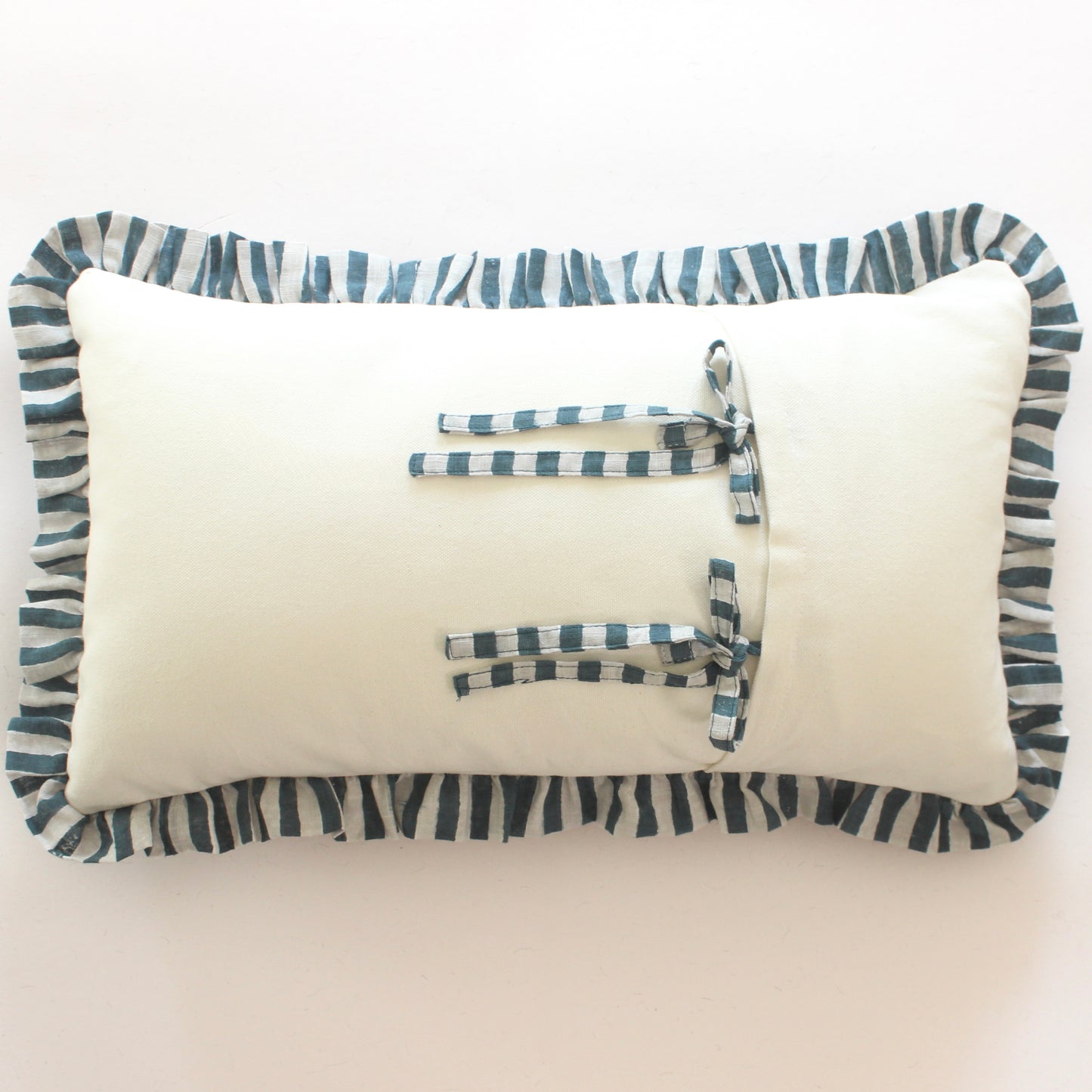 Blue & Grey Striped Frill Lumbar Cushion Cover | Handcrafted Cotton Lumbar Cover