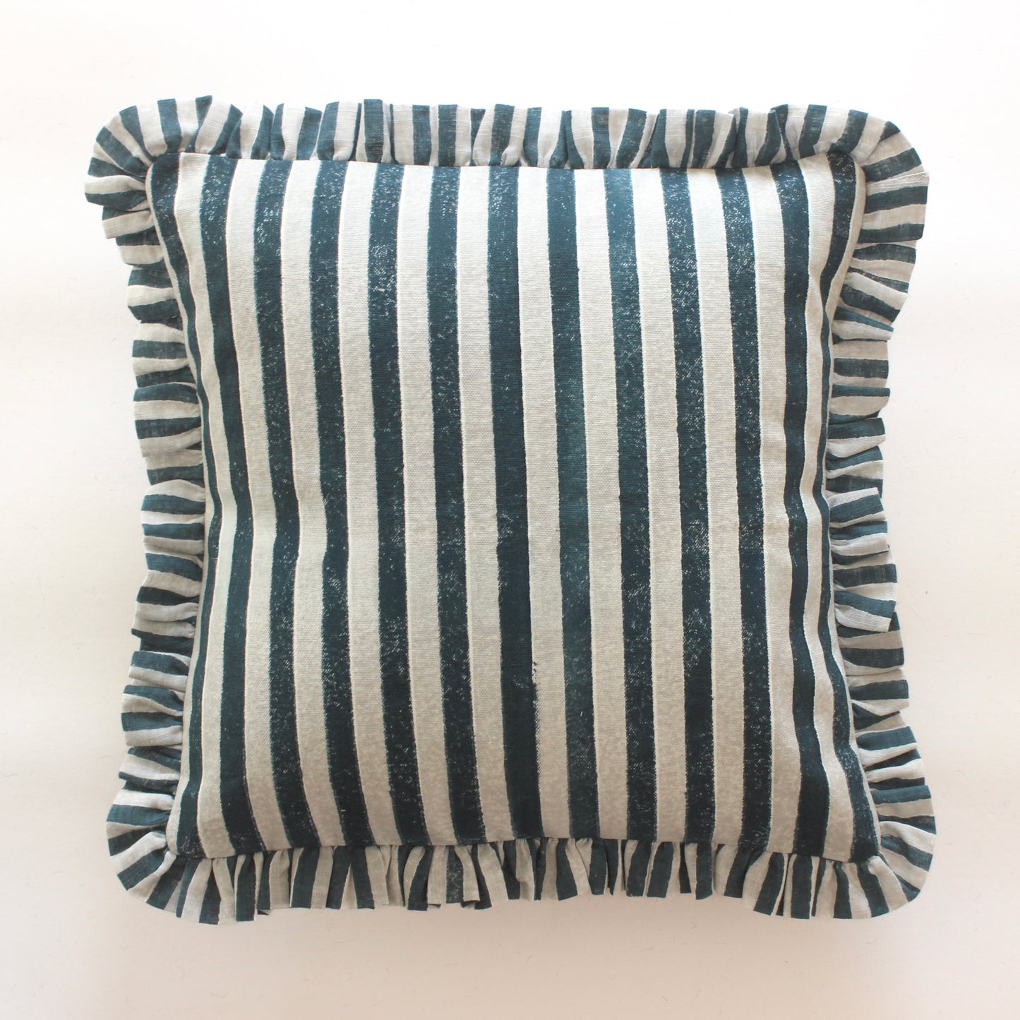 Blue & Grey Striped Frill Cushion Cover | Handcrafted Cotton Cushion Cover