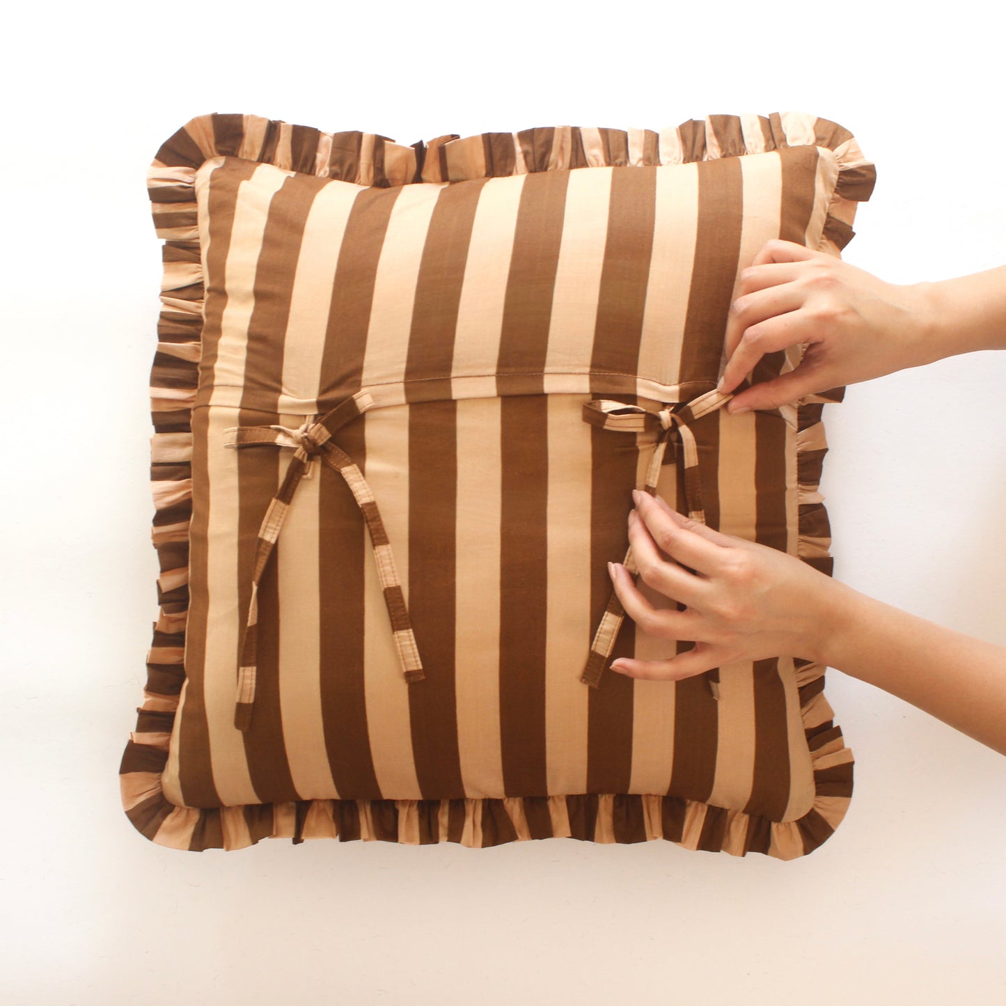 Brown Striped Frill Cushion Cover