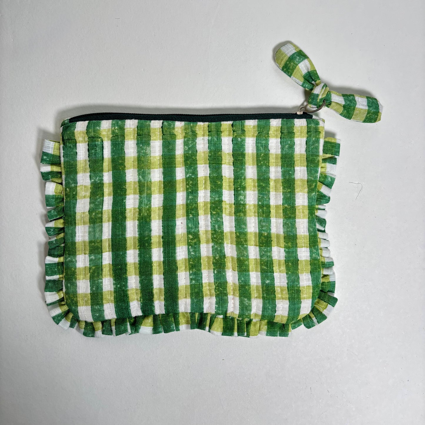Sustainable Quilted Cotton Travel Pouch l Green Checks Flat Frill Organizer