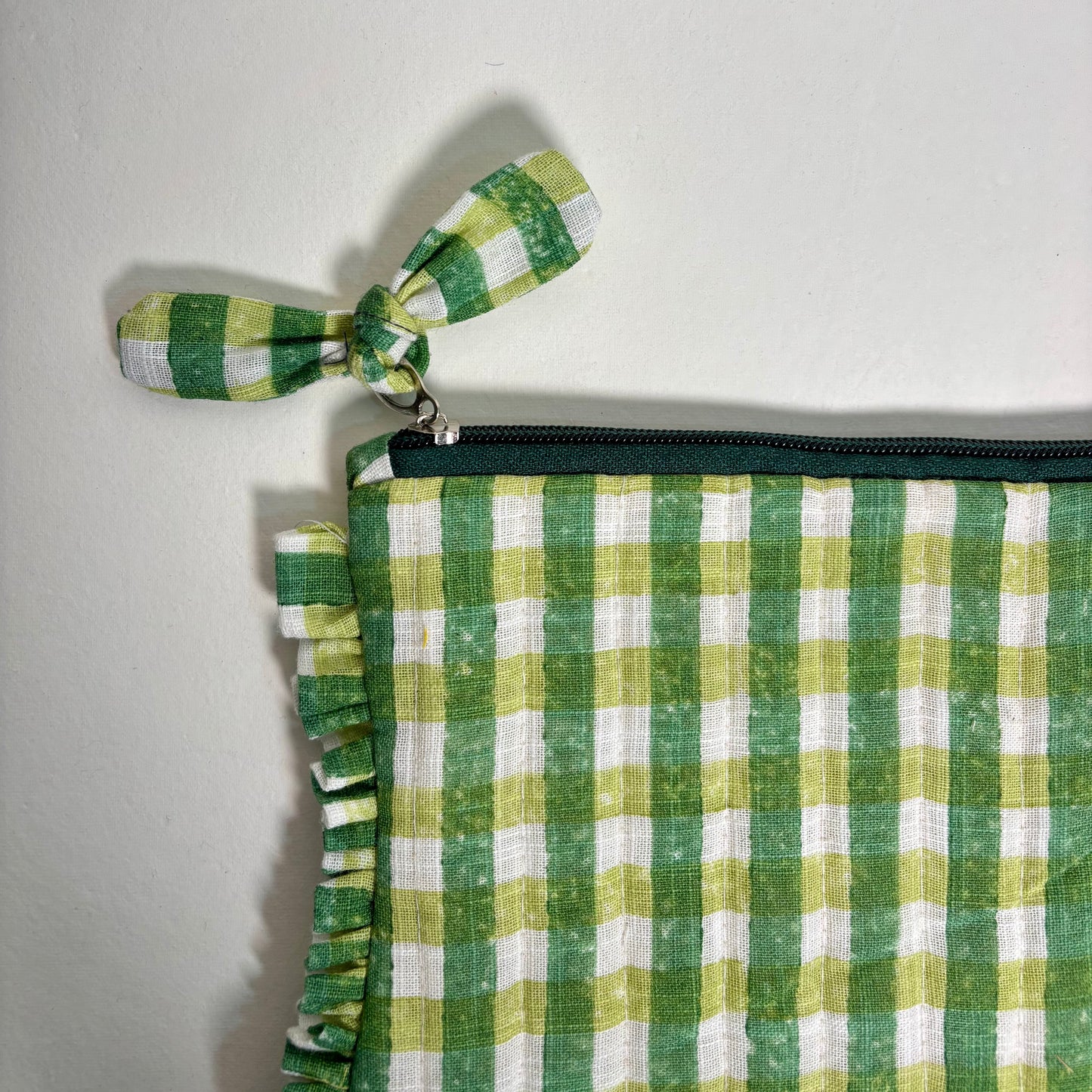 Sustainable Quilted Cotton Travel Pouch l Green Checks Flat Frill Organizer