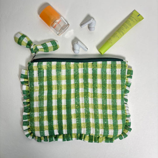 Sustainable Quilted Cotton Travel Pouch l Green Checks Flat Frill Organizer