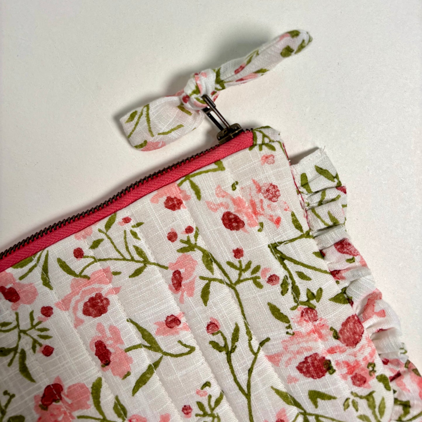 Sustainable Quilted Cotton Travel Pouch l Spring Bloom Flat Frill Organizer
