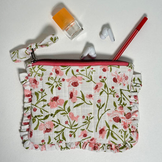 Sustainable Quilted Cotton Travel Pouch l Spring Bloom Flat Frill Organizer