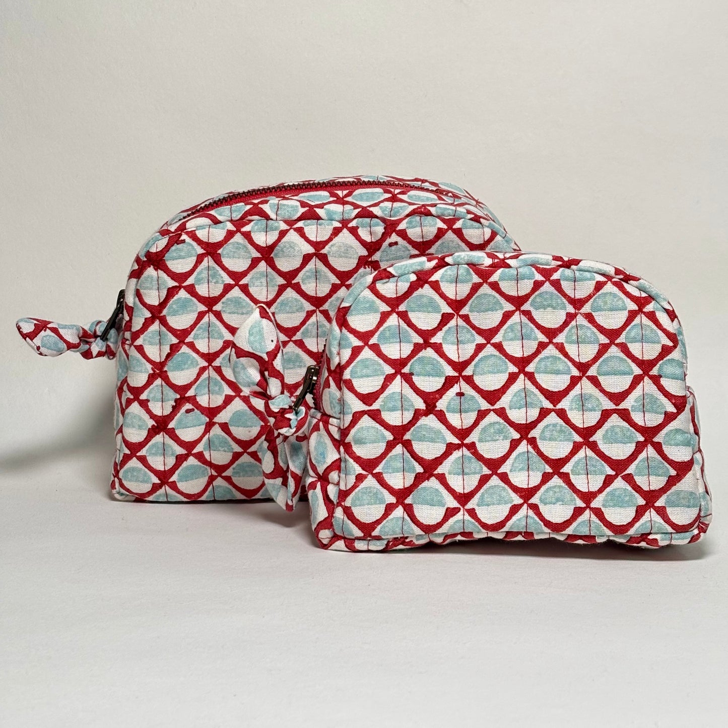 Quilted Cotton Travel Pouch Set l Red Mosiac Classic Organiser Set