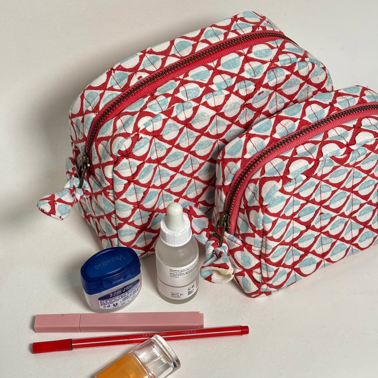 Quilted Cotton Travel Pouch Set l Red Mosiac Classic Organiser Set