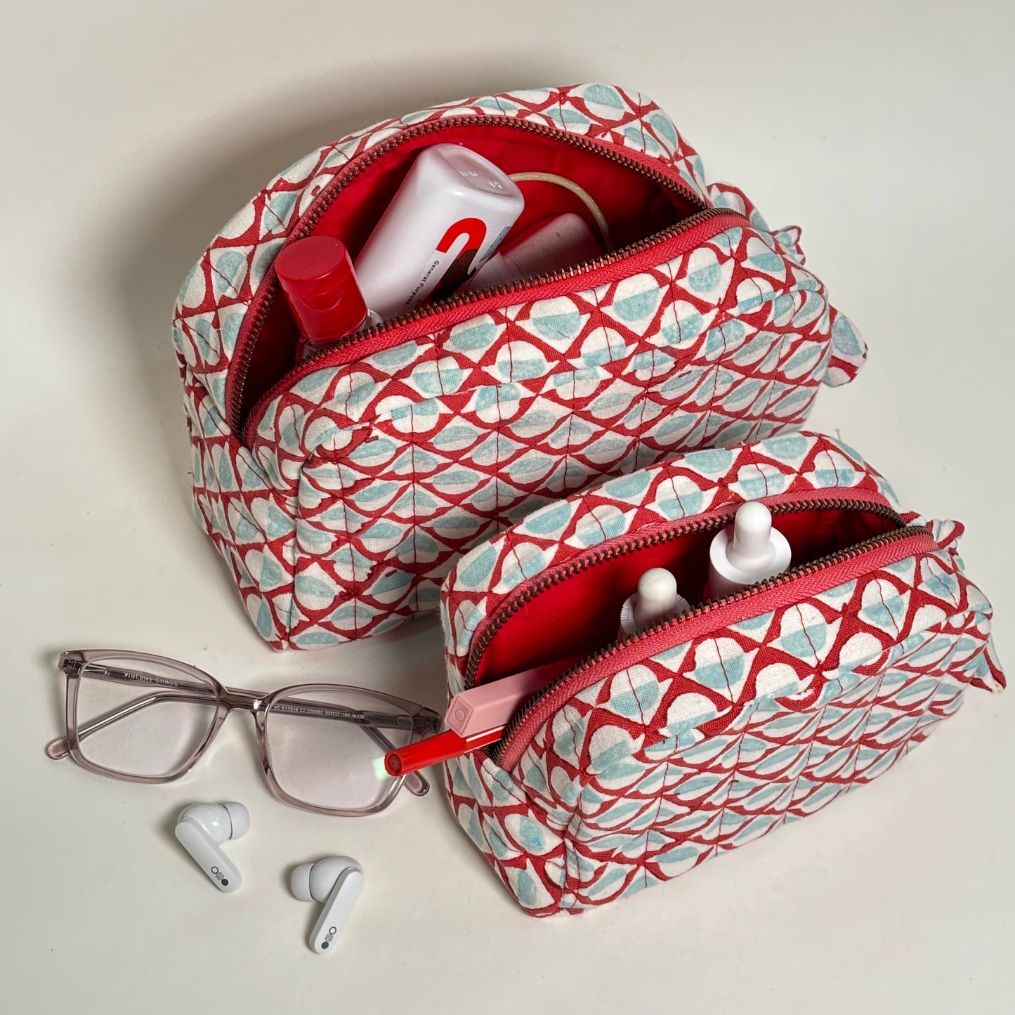 Quilted Cotton Travel Pouch Set l Red Mosiac Classic Organiser Set