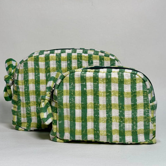 Quilted Cotton Travel Pouch Set l Green Checks Classic Organiser Set