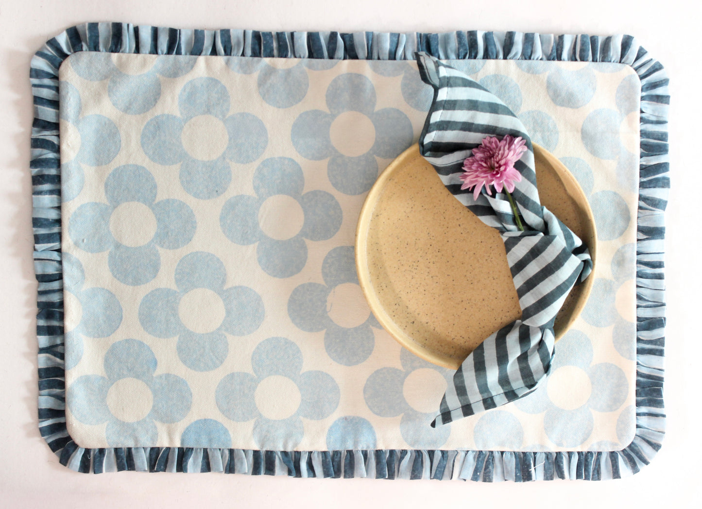 Retro Flower Frill Placemat & Blue Stripes Napkin | Set of two