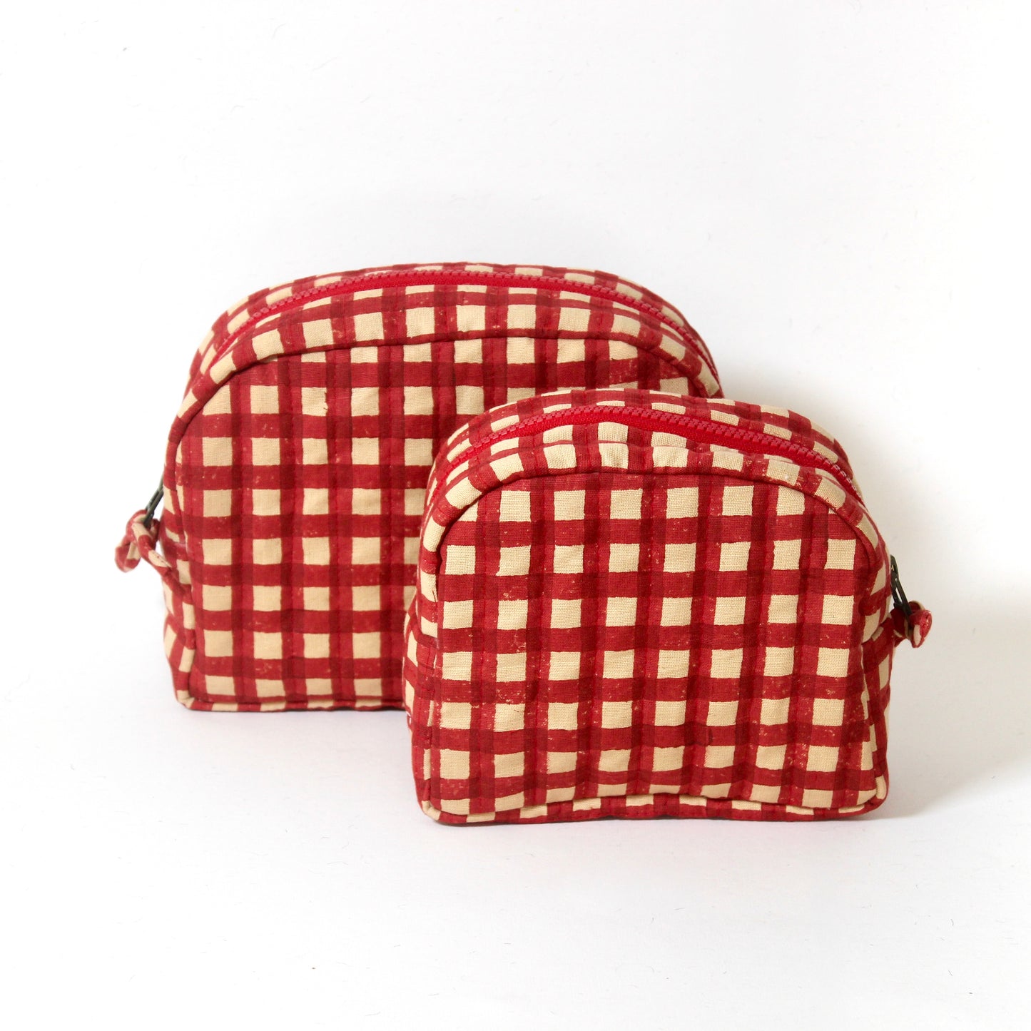 Quilted Cotton Travel Pouch Set l Red Checks Classic Organiser Set
