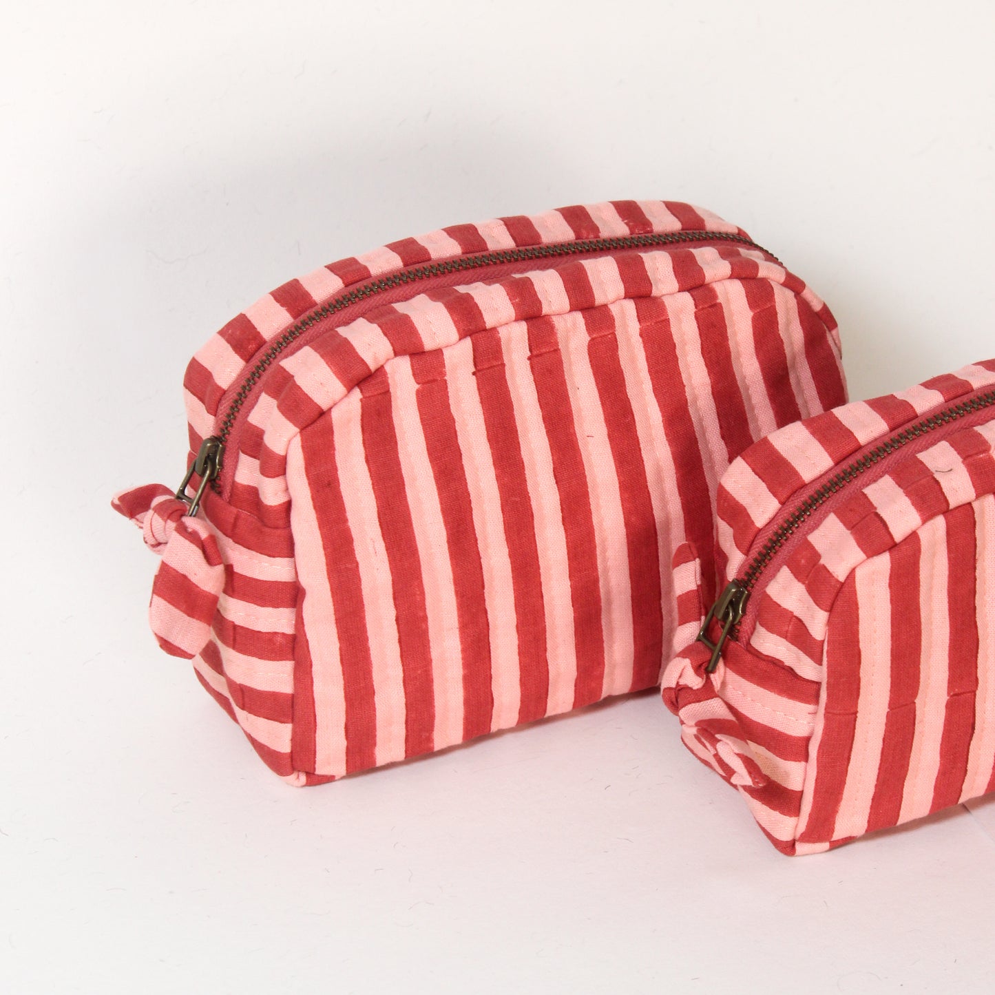 Quilted Cotton Travel Pouch Set l Pink & Red Stripes