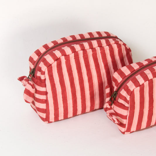 Quilted Cotton Travel Pouch Set l Pink & Red Stripes