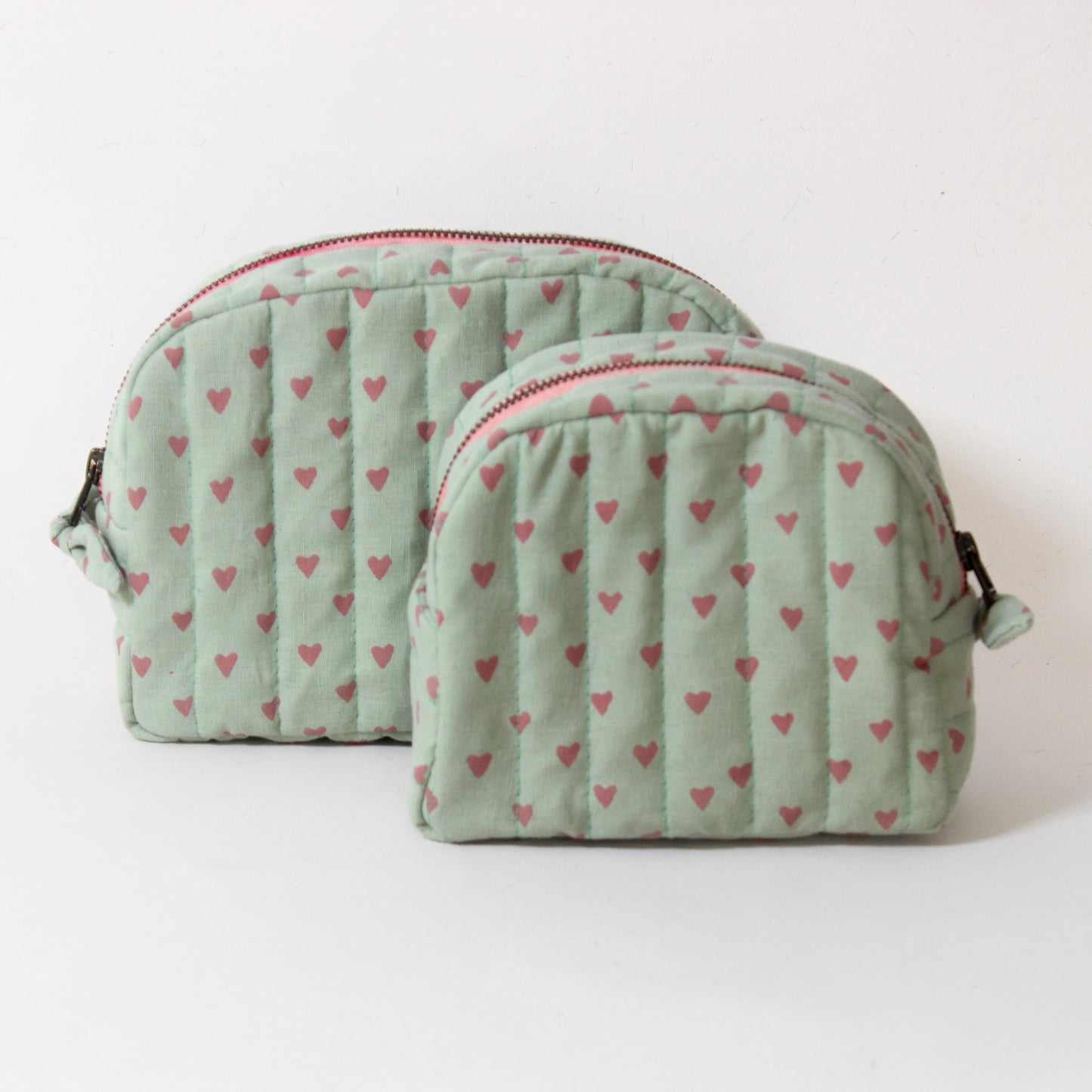 Quilted Cotton Travel Pouch Set | Pink Heart on Green | Classic Organiser Set
