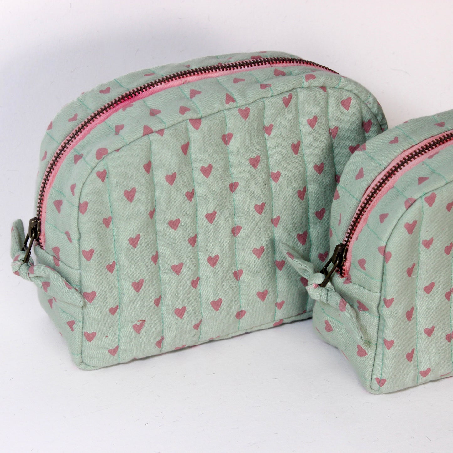 Quilted Cotton Travel Pouch Set | Pink Heart on Green | Classic Organiser Set