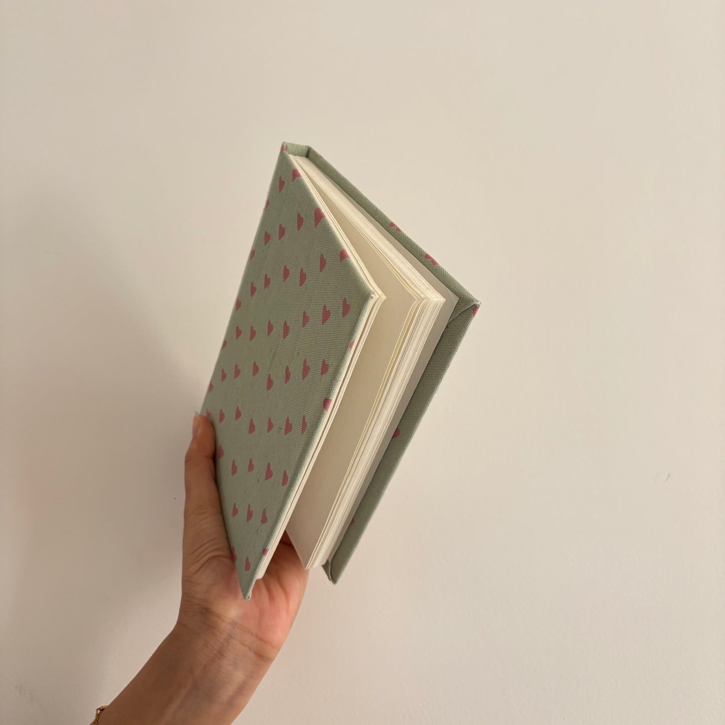 Handcrafted Sustainable A5 Diary Journal Notebook l Handmade Paper l Pink Hearts on Green