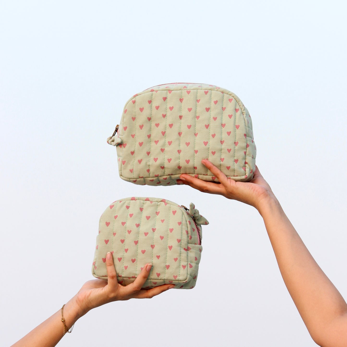 Quilted Cotton Travel Pouch Set | Pink Heart on Green | Classic Organiser Set