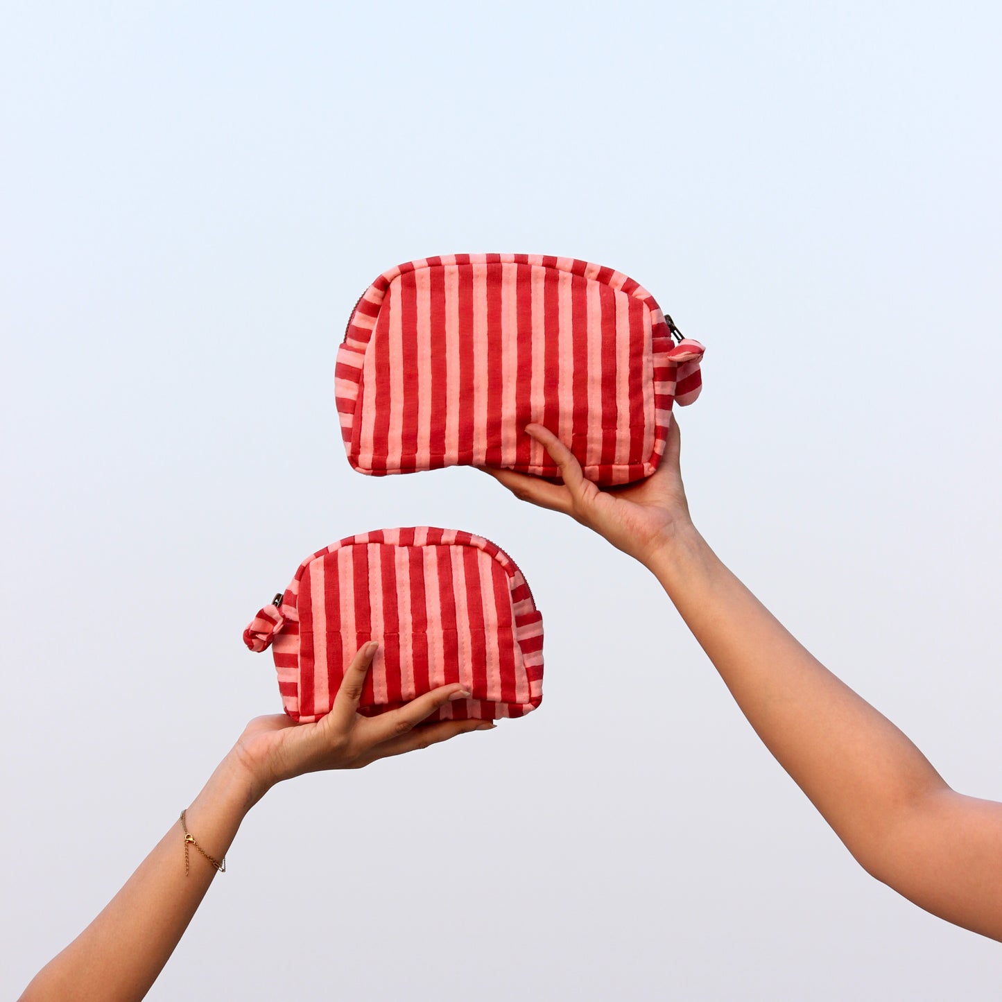 Quilted Cotton Travel Pouch Set l Pink & Red Stripes