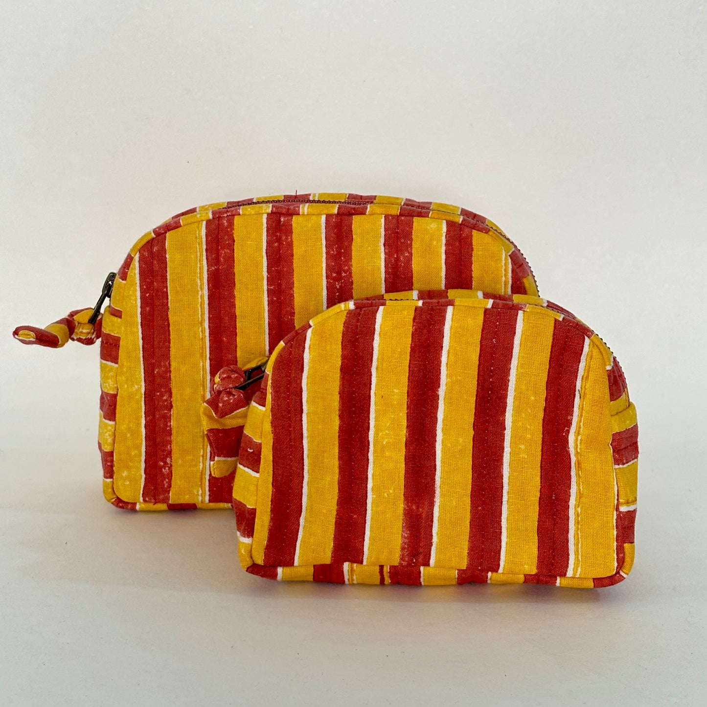 Sustainable Quilted Cotton Travel Pouch Set | Red & Yellow stripes | Classic Organiser Set