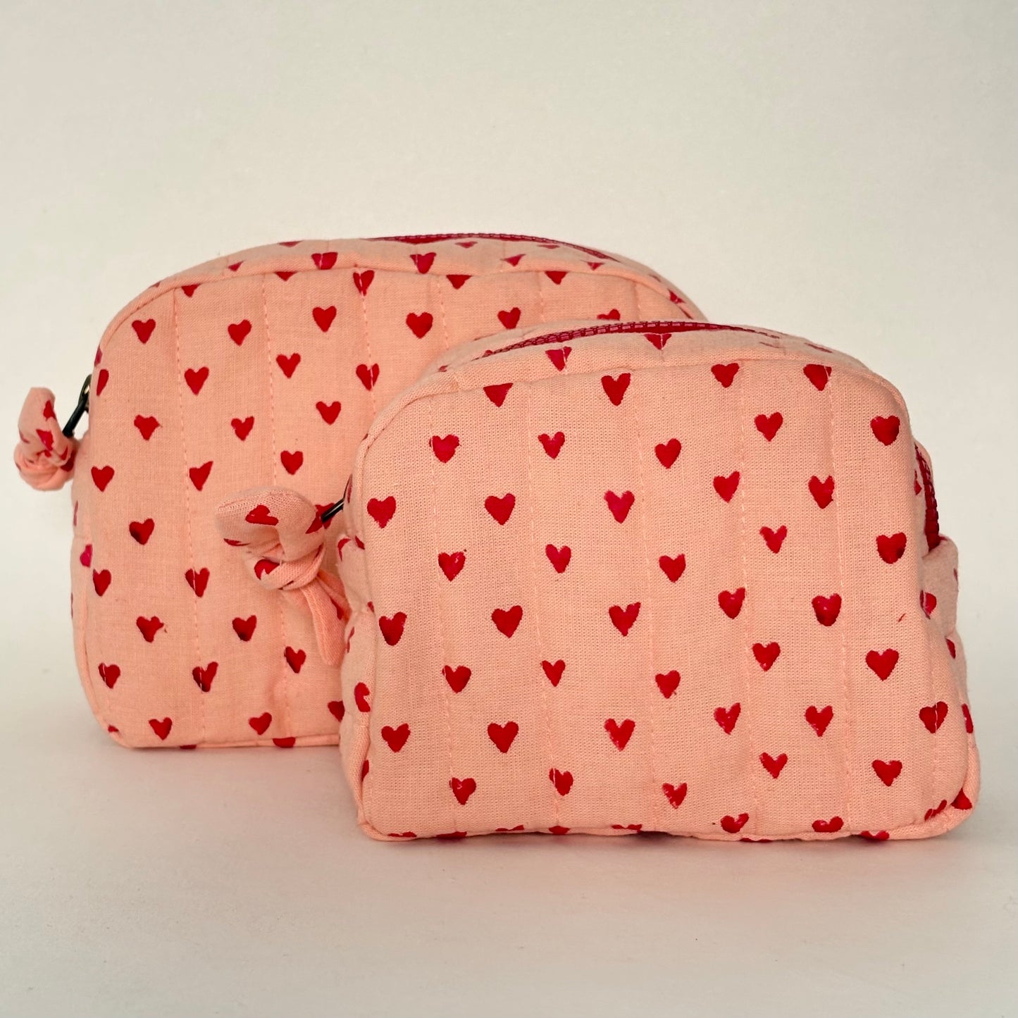 Quilted Cotton Travel Pouch Set | Red Heart on Pink | Classic Organiser Set